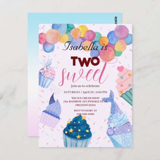 2歳の誕生日おめでとう！かわいいマーメイドのバルーンパーティ ポストカード (正面/裏面)