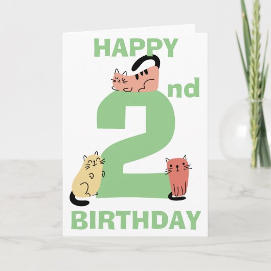 2歳の誕生日おめでとう かわいい猫のイラスト入りカスタムメッセージ カード (正面)