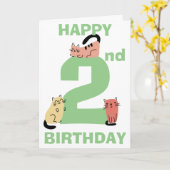 2歳の誕生日おめでとう かわいい猫のイラスト入りカスタムメッセージ カード (黄色い花)