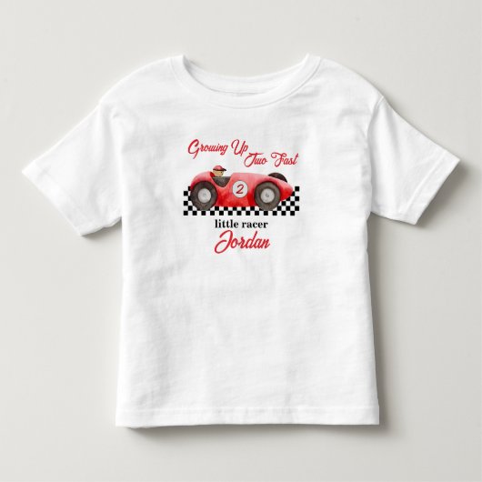 2歳の誕生日おめでとう!スピード感あふれる赤いレースカー トドラーTシャツ (正面)