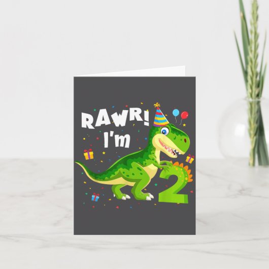 2歳の誕生日おめでとう ティラノサウルス 恐竜 面白い パーティー カード (正面)
