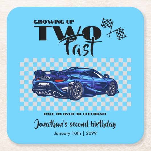 2歳の誕生日おめでとう ブルースポーツカー スクエアペーパーコースター (正面)