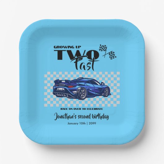 2歳の誕生日おめでとう ブルー スポーツカー ペーパープレート (正面)