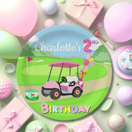 2歳の誕生日おめでとう ポルカドット ピンク ガーリーゴルフ ペーパープレート