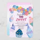 2歳の誕生日おめでとう！マーメイドとスイートカップケーキの女の子 招待状 (正面/裏面)