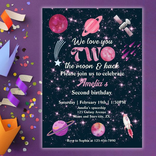 2歳の誕生日おめでとう ルブユー・トゥ・ザ・ムーン ガールズ ピンク 招待状