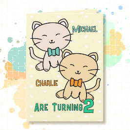 2歳の誕生日おめでとう 双子の男の子 かわいい猫のイラスト カード