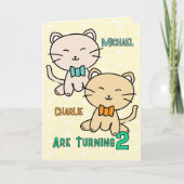 2歳の誕生日おめでとう 双子の男の子 かわいい猫のイラスト カード (正面)