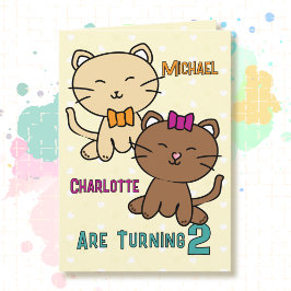2歳の誕生日おめでとう 双子 男の子 女の子 猫のイラスト かわいい カード