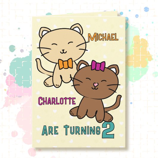 2歳の誕生日おめでとう 双子 男の子 女の子 猫のイラスト かわいい カード