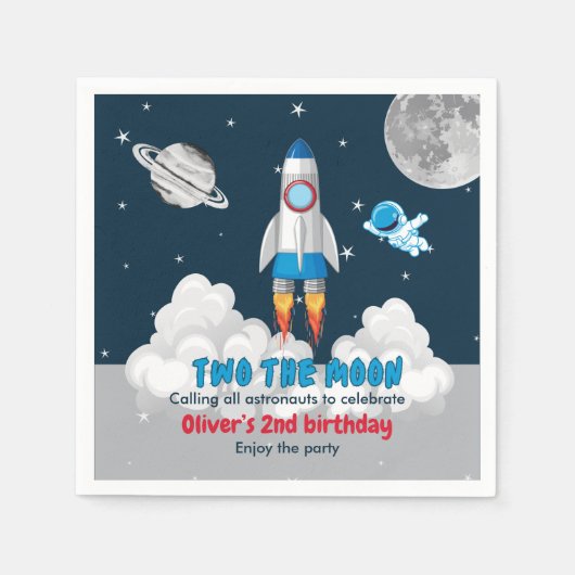 2歳の誕生日おめでとう！少年宇宙ロケット スタンダードカクテルナプキン (正面)