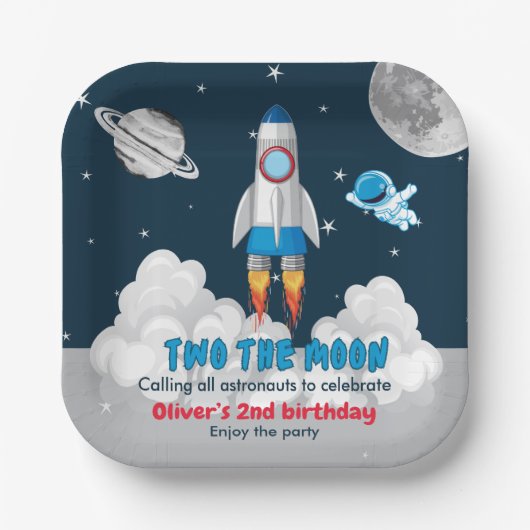 2歳の誕生日おめでとう!少年宇宙ロケット ペーパープレート (正面)