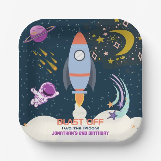 2歳の誕生日おめでとう!少年宇宙ロケット ペーパープレート (正面)