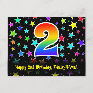 2歳の誕生日おめでとう:楽しい星の模様、虹2、名前 ポストカード