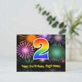 2歳の誕生日おめでとう -楽しい花火模様＋虹２ ポストカード (スタンド正面)