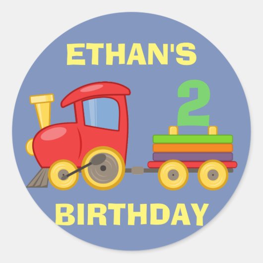 2歳の誕生日おめでとう 赤・青・黄色の列車 ラウンドシール (正面)