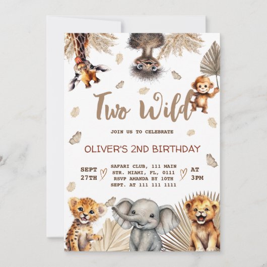 2歳の誕生日おめでとう Wild Safari Animals 招待状 (正面)