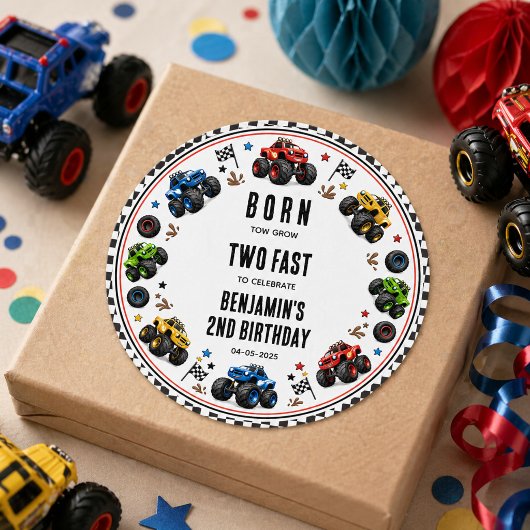 2歳の誕生日おめでとうTwo Fastモンスタートラック ラウンドシール