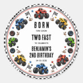 2歳の誕生日おめでとうTwo Fastモンスタートラック ラウンドシール (正面)