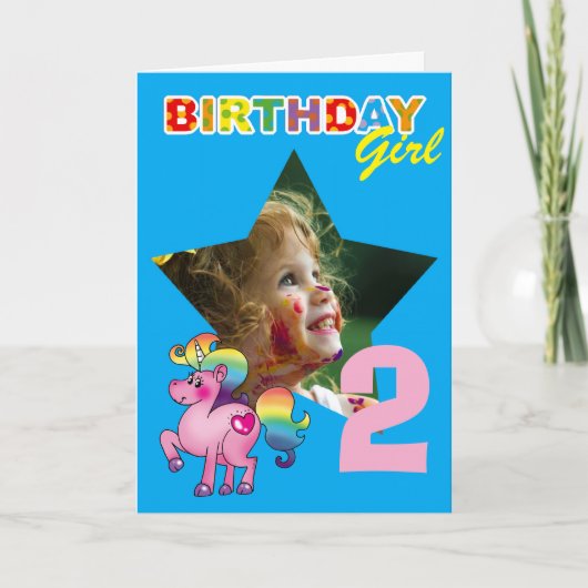2歳の誕生日お祝い女の子ユニコーン魔法の写真 カード (正面)
