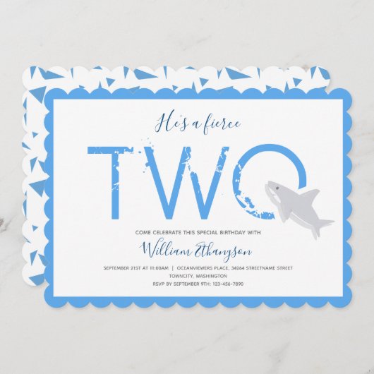 2歳の誕生日に2匹の青いホホジロザメの猛獣 招待状 (正面/裏面)