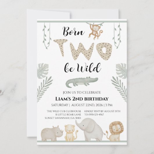 2歳の誕生日にBorn Two Be Wild Jungle Safari 招待状 (正面)
