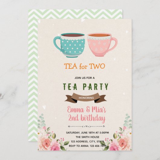 2歳の誕生日の招待のお茶 招待状 (正面/裏面)