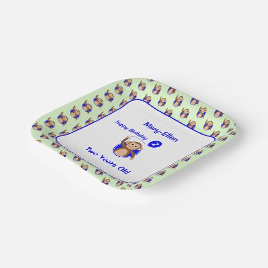 2歳の誕生日の猿の青い風船 ペーパープレート (傾斜あり)