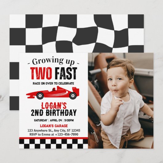 2歳の誕生日をお祝いするレーシングカーボーイの写真 招待状 (正面/裏面)