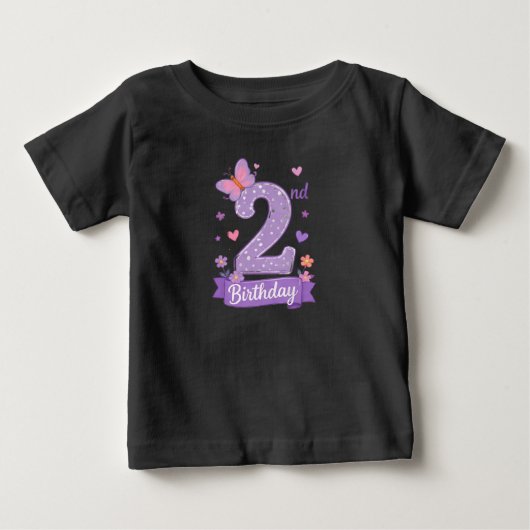 2歳の誕生日を祝うちょうちょのTシャツ ベビーTシャツ (正面)