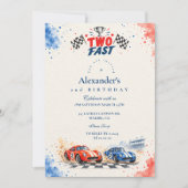 2歳の誕生日を走る赤と青のレースカー 招待状 (正面)