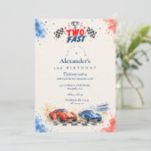 2歳の誕生日を走る赤と青のレースカー 招待状 (スタンド正面)