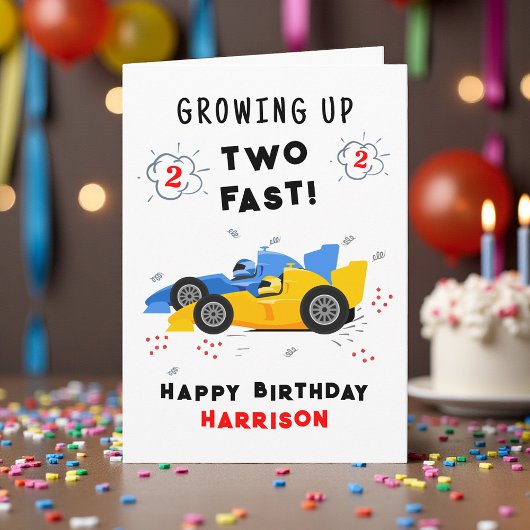 2歳の誕生日を迎える子供向け高速レーシングカー カード