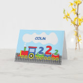 2歳の誕生日カラフルな電車が軌道に乗って カード (黄色い花)