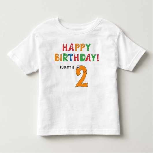 2歳の誕生日カラフルアルファベット名前入り トドラーTシャツ (正面)