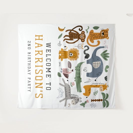 2歳の誕生日サファリ動物のお迎えワイルドすぎる タペストリー (正面(横))