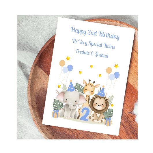 2歳の誕生日サファリ動物双子の男の子カード カード