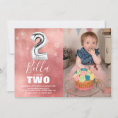 2歳の誕生日シルバーバルーン | ピンクフォトパーティー 招待状 (正面)