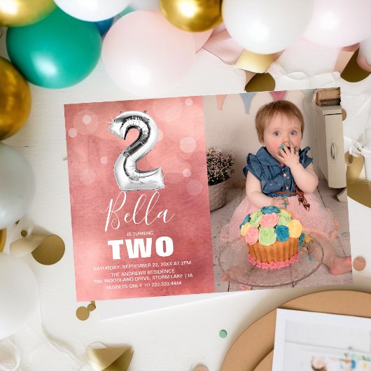 2歳の誕生日シルバーバルーン | ピンクフォトパーティー 招待状