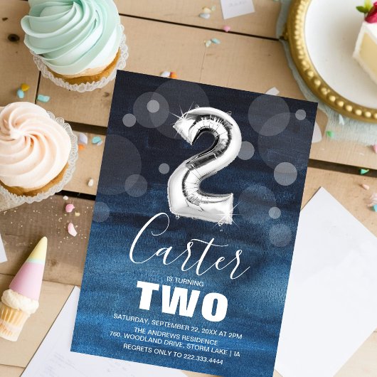 2歳の誕生日シルバーバルーン | ブルーパーティー 招待状