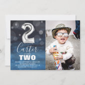 2歳の誕生日シルバーバルーン | 青い写真パーティー 招待状 (正面)