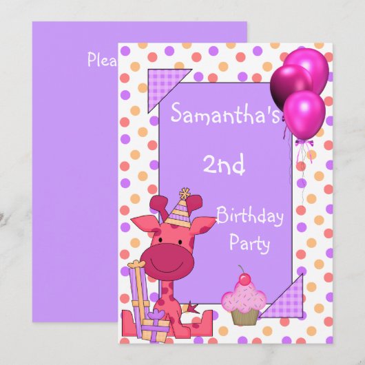2歳の誕生日スポット入りキリンカップケーキ風船くすんだピンク 招待状 (正面/裏面)
