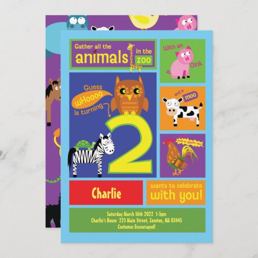 2歳の誕生日パーティの招待状を動物園で2歳 招待状 (正面/裏面)