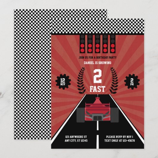 2歳の誕生日パーティーに最適なレーシングテーマ「ツーファスト」 招待状 (正面/裏面)