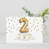 2歳の誕生日パーティーのゴールドバルーンと紙吹雪2個セット 招待状 (スタンド正面)