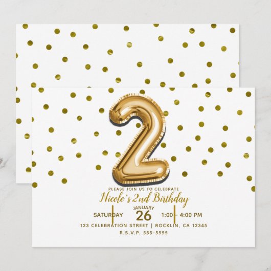 2歳の誕生日パーティーのゴールドバルーンと紙吹雪2個セット 招待状 (正面/裏面)