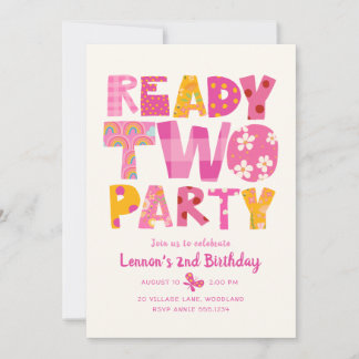 2歳の誕生日パーティーの招待状 Ready Two Party Girl 招待状