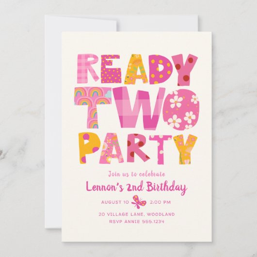 2歳の誕生日パーティーの招待状 Ready Two Party Girl 招待状 (正面)