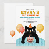 2歳の誕生日パーティー用の猫とケーキとろうそくのデザイン 招待状 (正面/裏面)