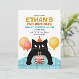 2歳の誕生日パーティー用の猫とケーキとろうそくのデザイン 招待状